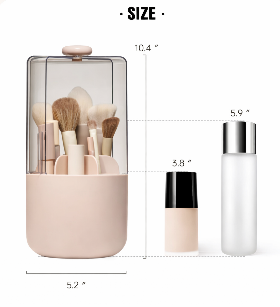360° Rotating Makeup Brush Organizer with Dustproof Lid – Clear Storage Holder for Vanity