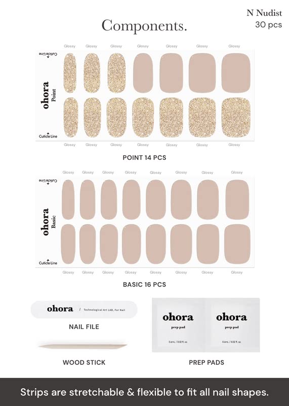 ohora Semi Cured Gel Nail Strips (N Nudist) - Nude, Solid, Works with Any UV/LED Lamps, Salon-Quality, Long Lasting, Easy to Apply & Remove - Includes 2 Prep Pads, Nail File & Wooden Stick