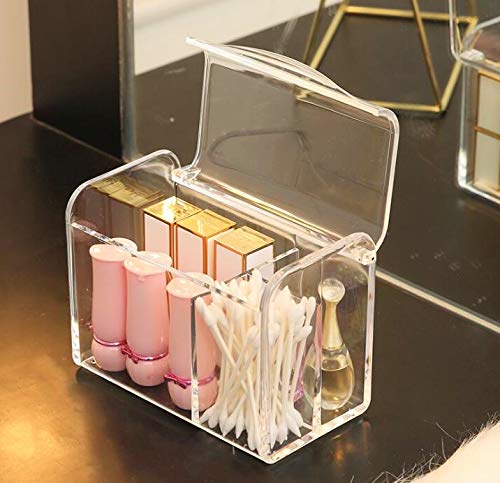 Square Acrylic Cotton Ball Pads Gauze Swab Holder Organizer Q-tip Dispenser Storage Canister Bathroom Container Flossers Box Case (5.6x3.2x4.3 in, 1 Tier, 3 Partitions, Transparent)