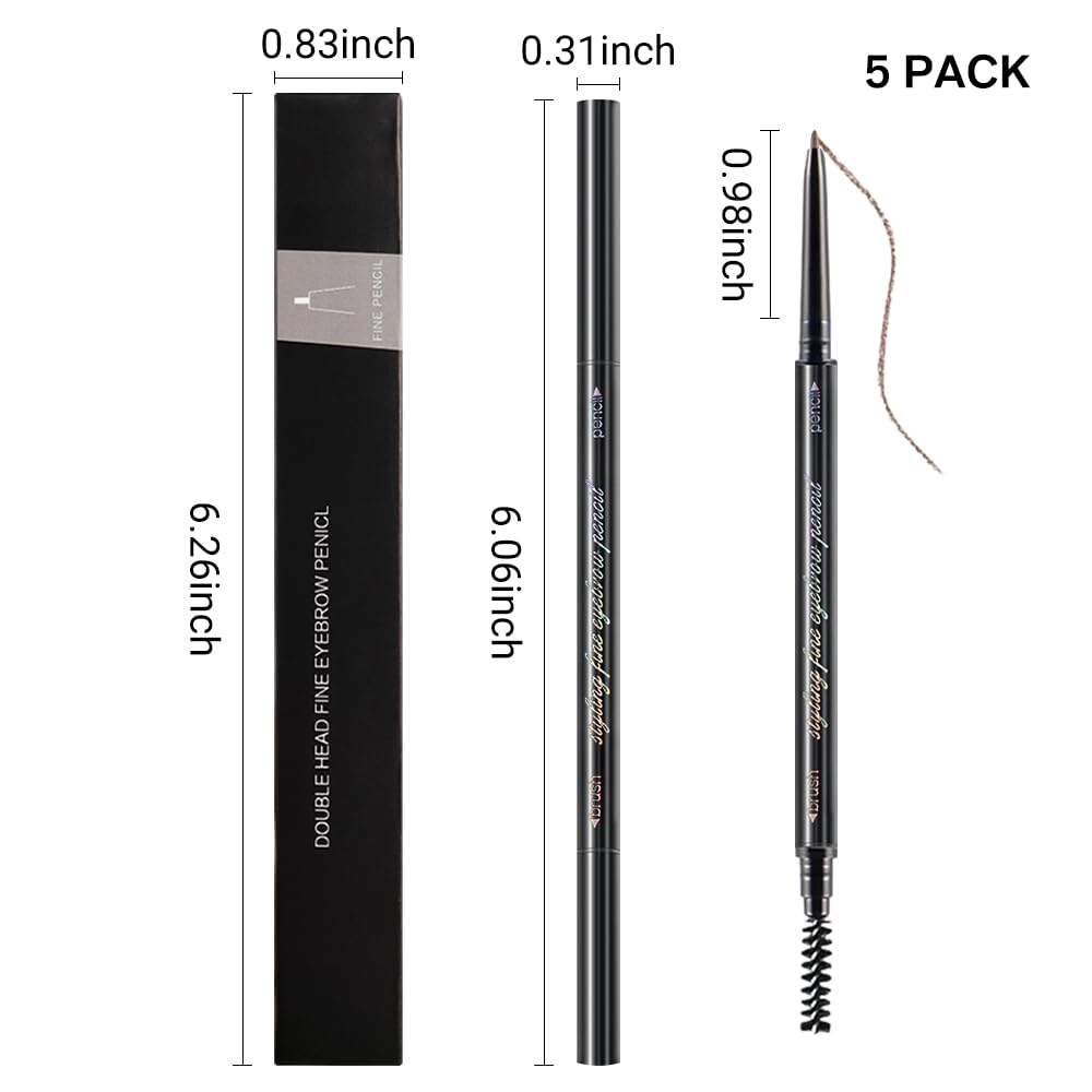 Thin Eyebrow Pencils for Women - 5 Pack Waterproof Micro Dual-Ended Ultra-Fine Tip Brow Pen & Spoolie Brush, Formula for Natural Hair Strokes, Filling, Shaping - Dark Brown