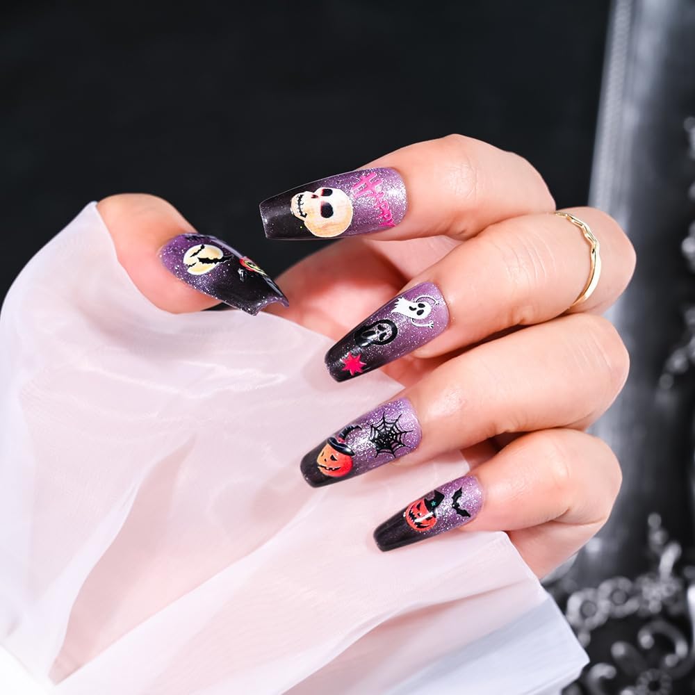 30 Sheets Halloween Nail Stickers Pumpkin Ghost Face Nail Charms Decals 3D Self Adhesive Spider Web Cat Bat Manicure Art Sticker for Acrylic Nails DIY Decorations