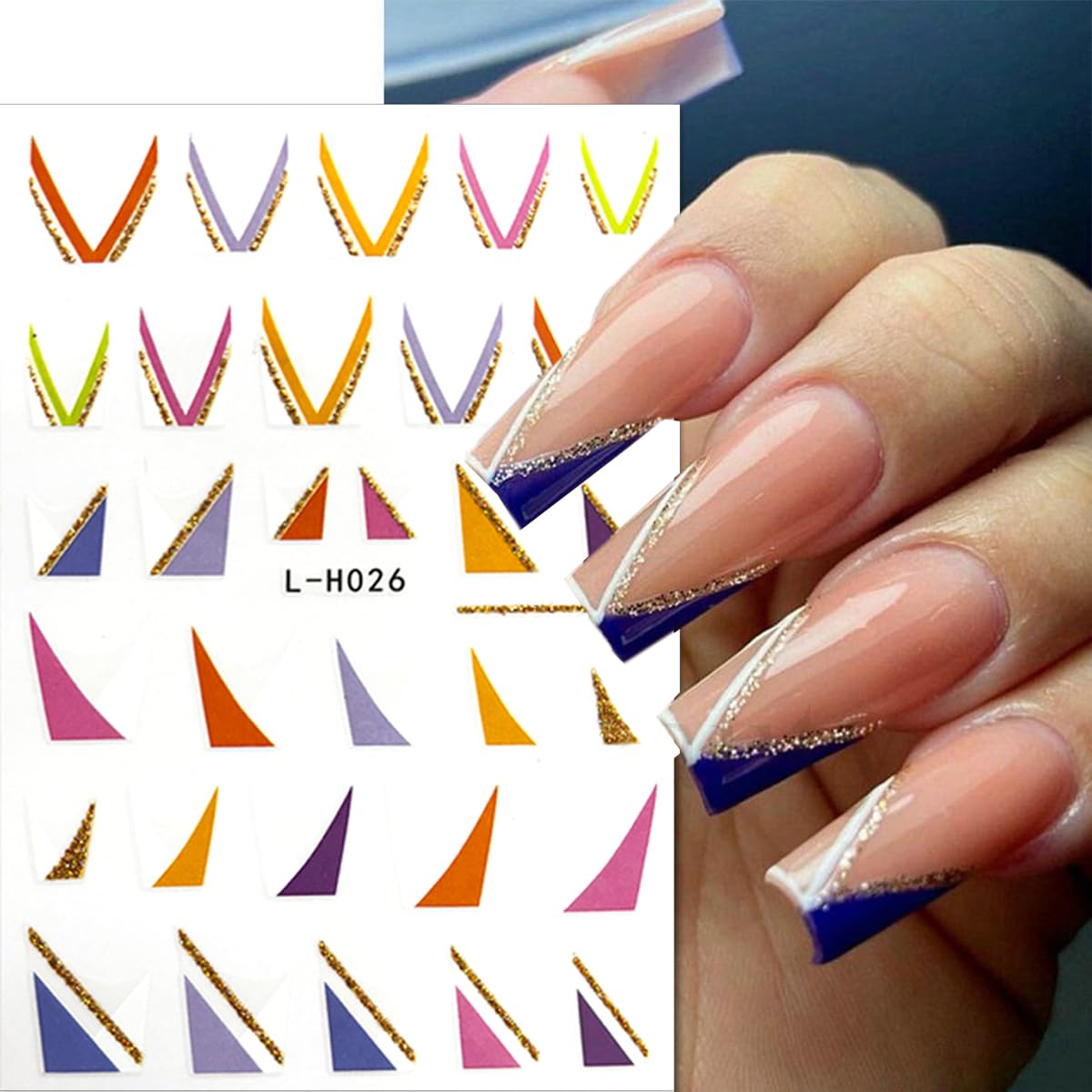 8 Sheets Shiny Line Nail Stickers - French Tip Nail Decals, 3D Glitter Wavy Stripe Designs, Gold Nail Tip V Shape Lines for DIY Acrylic Manicure Decoration