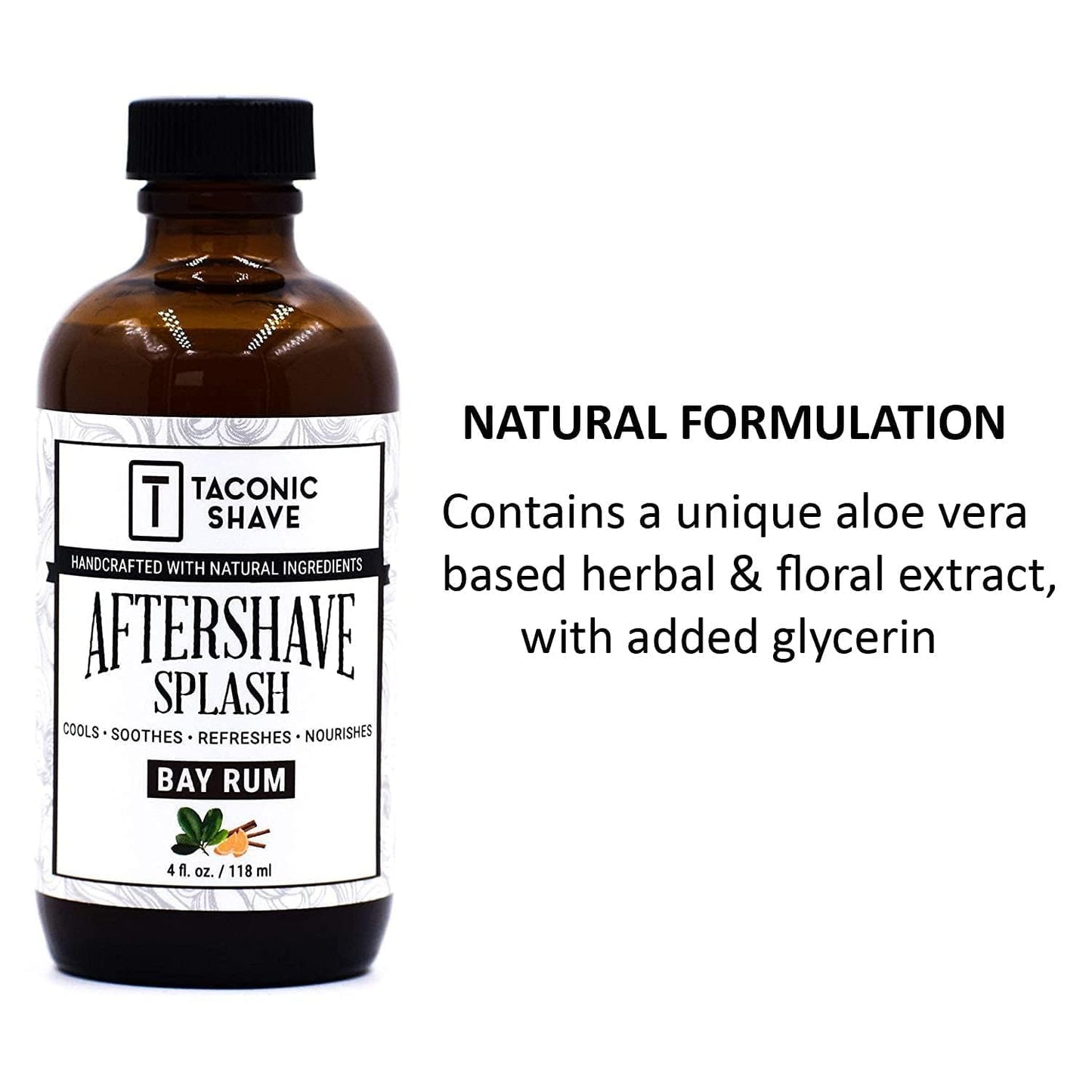 Taconic Shave Bay Rum Aftershave Splash โ Alcohol-Free Natural Menโs After Shave โ Soothes, Tones & Hydrates Skin โ 4 oz Made in USA