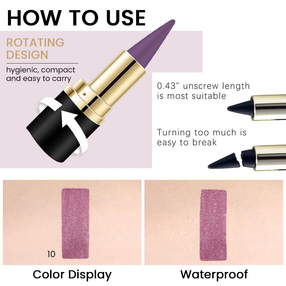 Kaely Light Purple Gel Eyeliner Pencil,Waterproof Smudge Proof Eye Liner Pen,Cat Eye Goth Halloween Makeup,Eye Black Face Paint Lipstick Crayon,Color Colorful Eyeliner Eyeshadow Stick,10