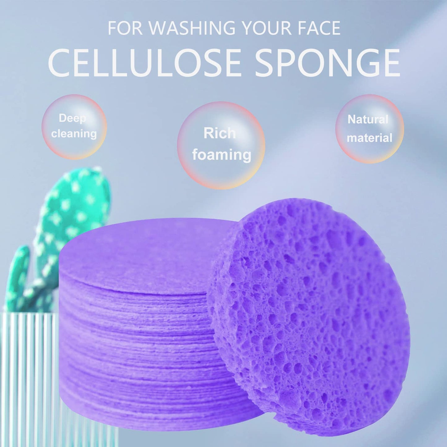 50-Count Facial Sponges Compressed Natural Cellulose Sponge Round Shape Face Sponge for Face Cleansing Exfoliating and Makeup Removal, Purple