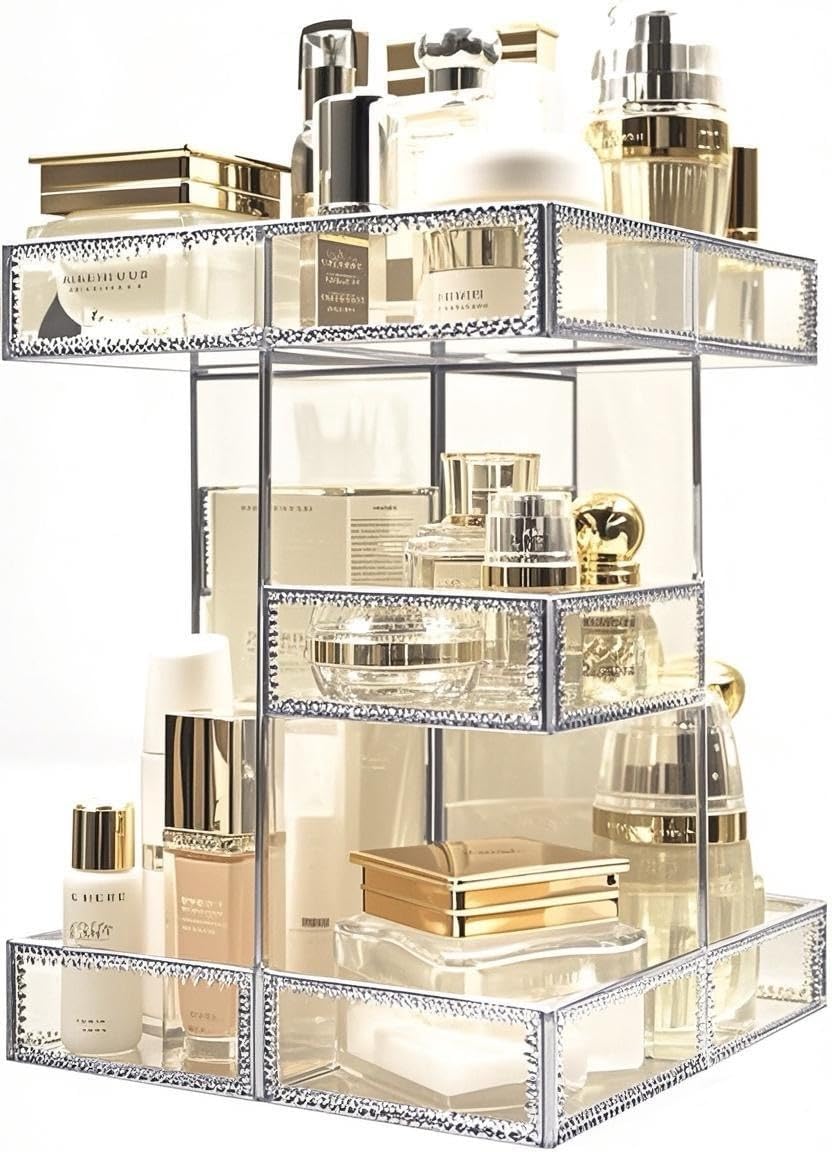 360° Rotating Glass Makeup Organizer — 4 Tier Premium Vanity Storage with Spin Base, Large Capacity Cosmetic Display for Countertop (Silver)