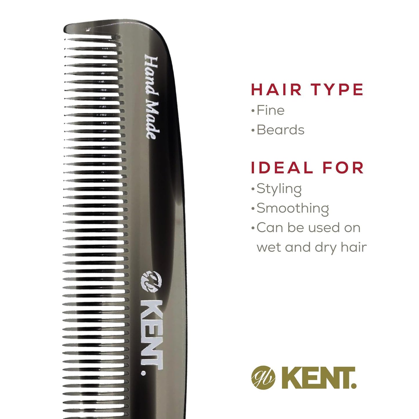 Kent 7T Black Graphite All Fine Tooth Pocket Comb for Men - Handmade Hair Comb for Men for Everyday Grooming and Styling - Travel Comb for Hair Care, Mustache and Beard Care, Saw Cut and Hand Polished