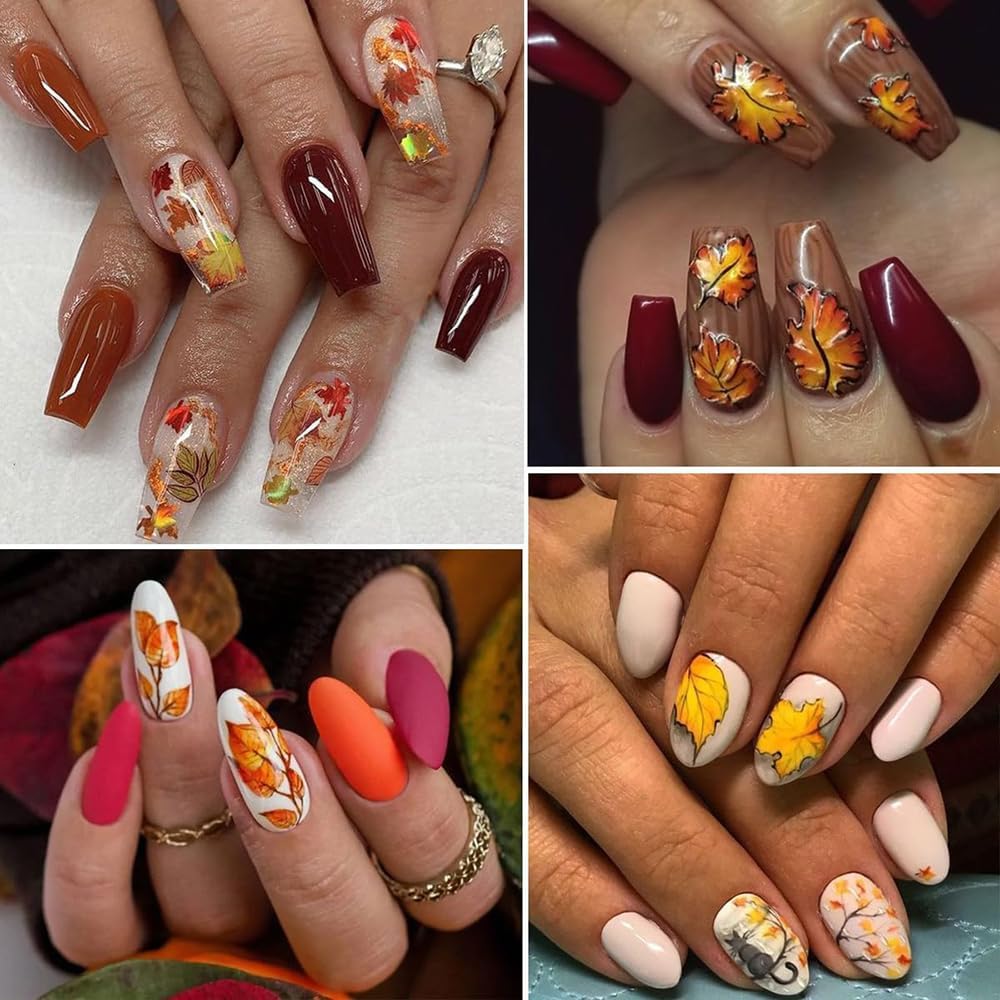 12 Sheets Fall Maple Leaf Nail Art Stickers Autumn Water Transfer Nail Decals Thanksgiving Day Nail Art Supplies Turkey Pumpkin Leaves Scarecrow Nail Design Slider Stickers for Women Nail Decorations