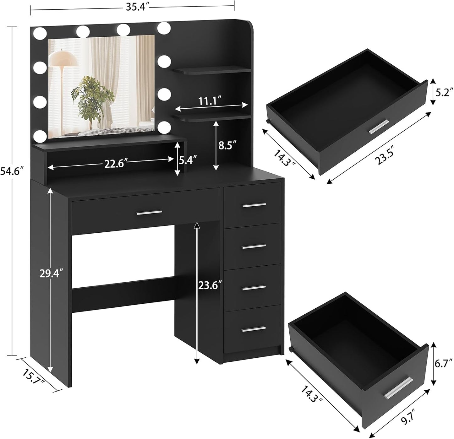 Quimoo Makeup Vanity Desk with Mirror & Lights, Vanity Desk with 5 Drawers & Storage Shelves, Vanity Table, 3 Color Modes & Adjustable Brightness Dressing Table, Bedroom, Black