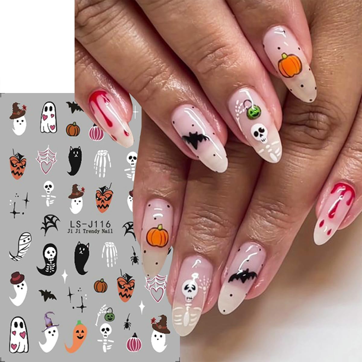 6 Sheets Cute Ghost Nail Art Stickers Halloween Nail Decals 3D Self-Adhesive Spider Bat Pumpkin and Bone Design Nail Sticker Halloween Acrylic Nail Art Decoration for Women DIY Holiday Manicure Tip