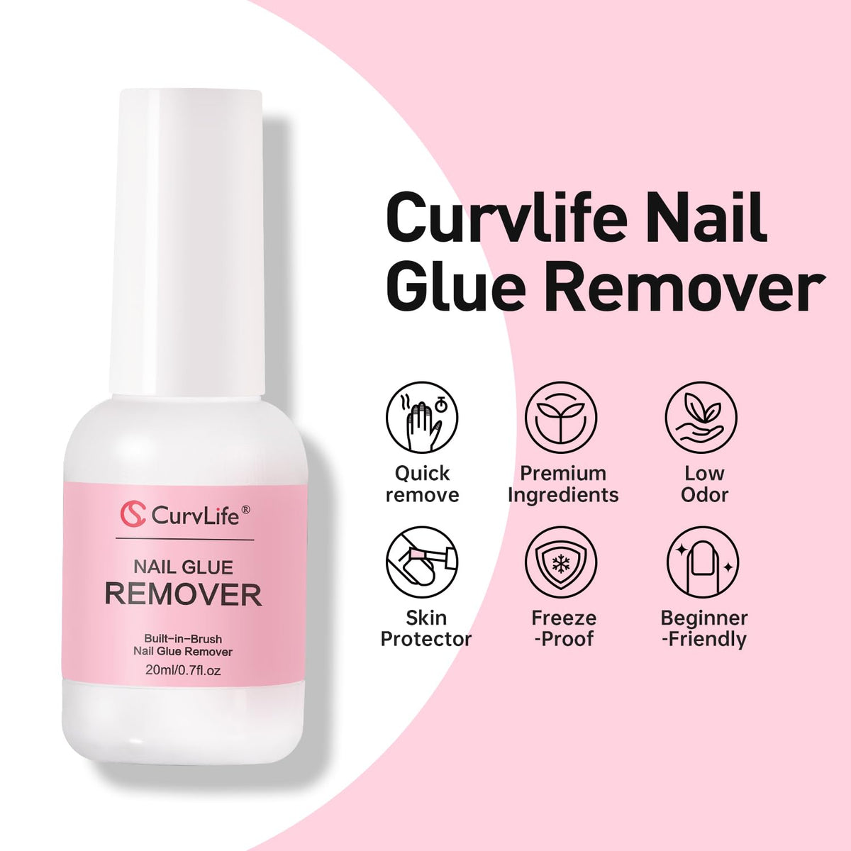 Curvlife Multi-functional Brush-on Nail Glue Remover 20ml for Press On and Fake Nails - Cuticle Pusher for Women