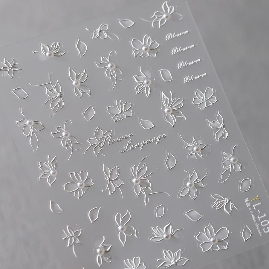5D Embossed Flower Nail Stickers for Nail Art White Floral Nail Art Stickers Self-Adhesive Pearls Nail Art Decals for Women Nail Supplies Art Design Stickers (1, White Flower)