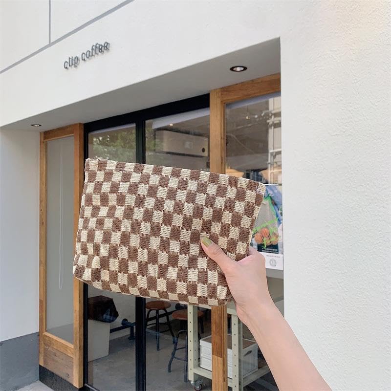 PAZIMIIK Knitted Checkered Makeup Bag Large Zipper Make Up Accessory Pouch for Purse Cosmetic Brush Bag for Travel Essential,Coffee