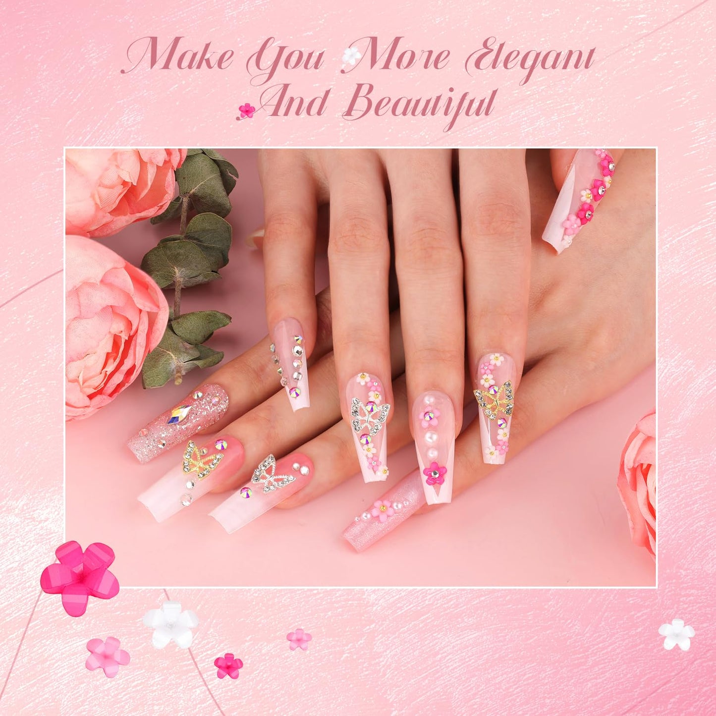 3D Nail Charms and Gems Set 5, 75PCS Chunky Coquette Pink and White Bow Nail Charms + Kawaii Cute 3D Flowers for Nails + Clear and AB Glass Rhinestones + Flatback Pearls for Y2K Acrylic Nail Design