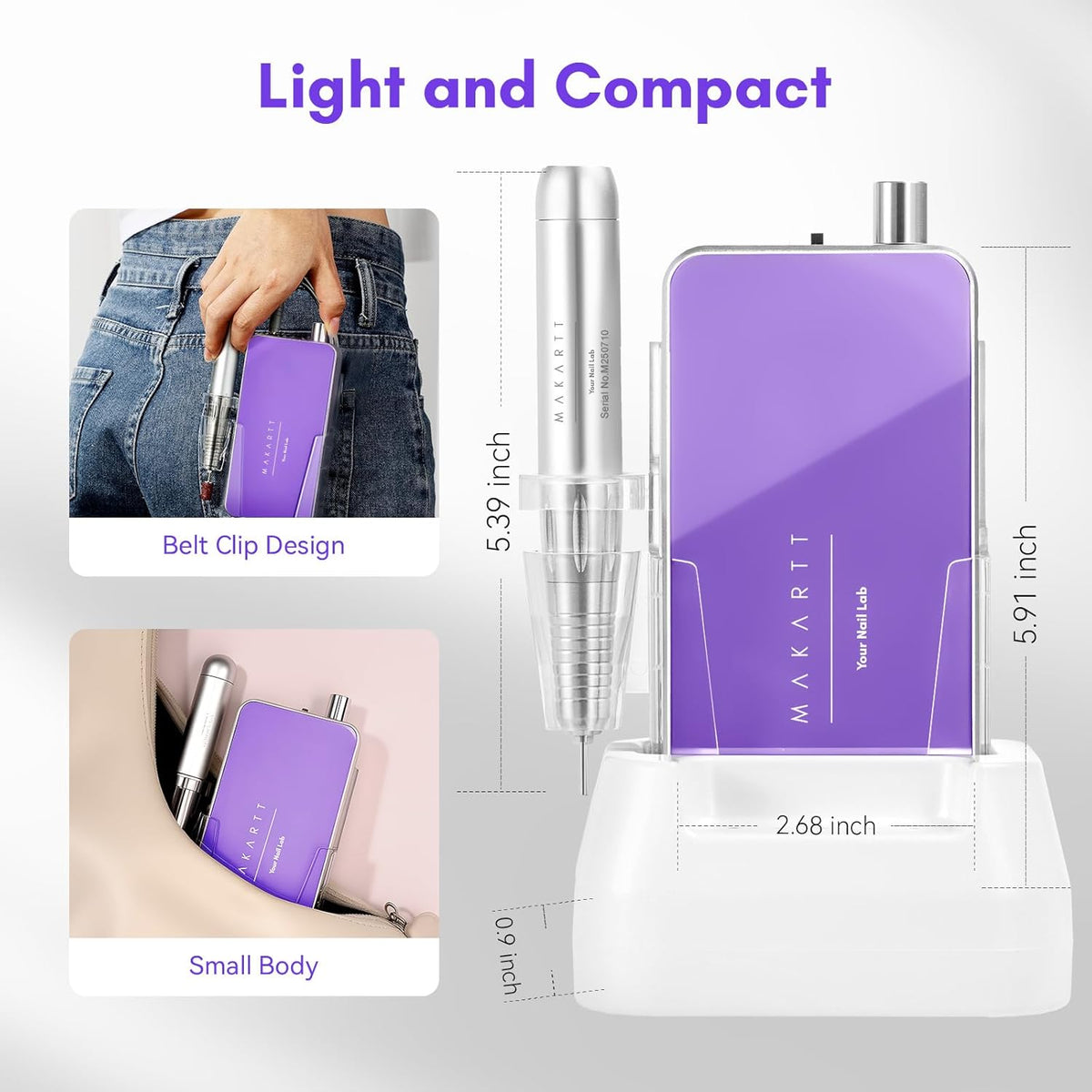 Makartt Professional Nail Drill - 35000RPM Electric Nail File with 60W Coreless Motor, 2 in 1 Desktop & Portable Rechargeable E File with Drill Bits and LCD Display, Nouvella Purple
