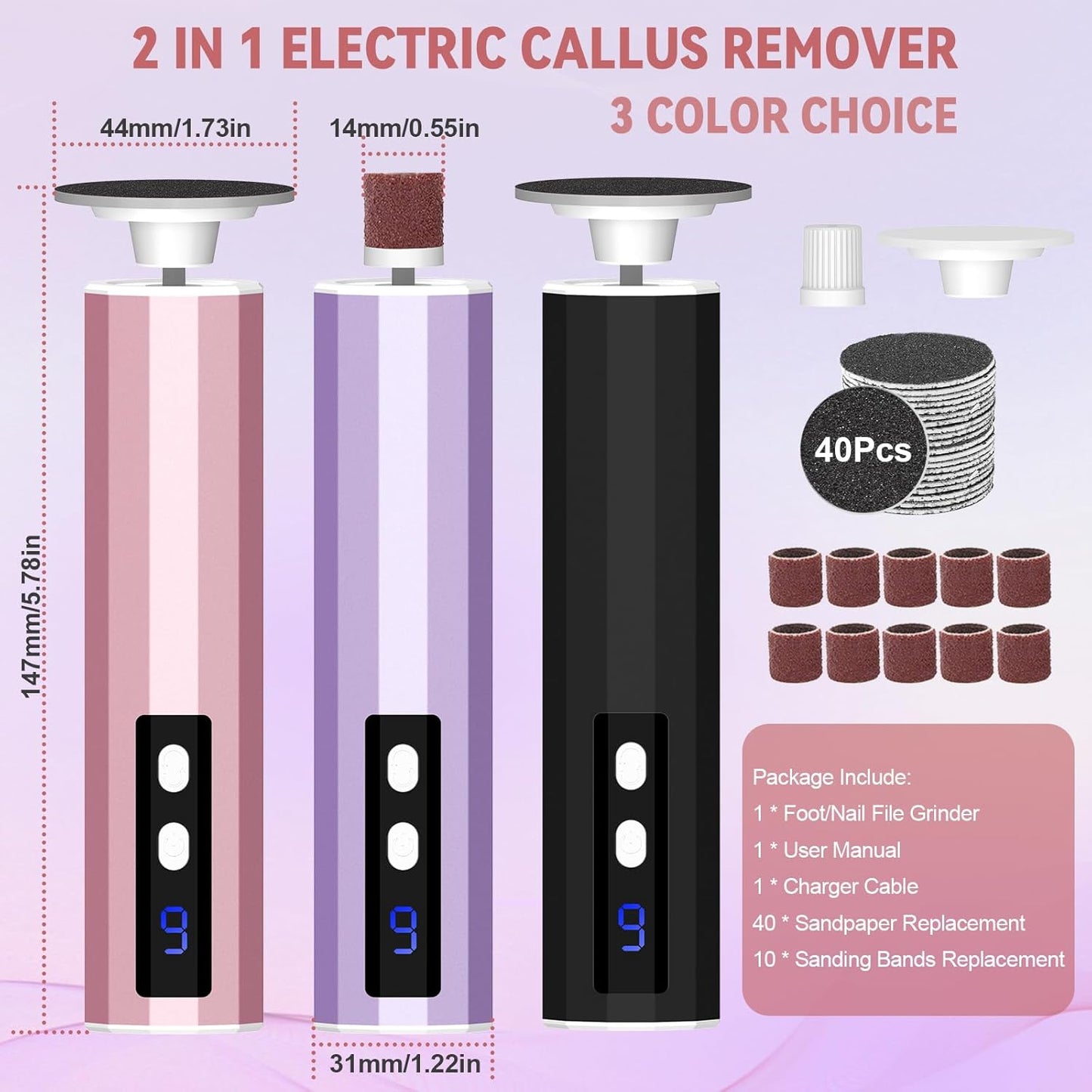 Electric Foot Callus Remover, 2-in-1 Electric Foot Filer/Nail Filer, Callus Remover for Feet with 40Pcs+10Pcs Sandpaper Discs, Professional Pedi Feet Care Perfect for Dead Skin Calluses Gift (Black)