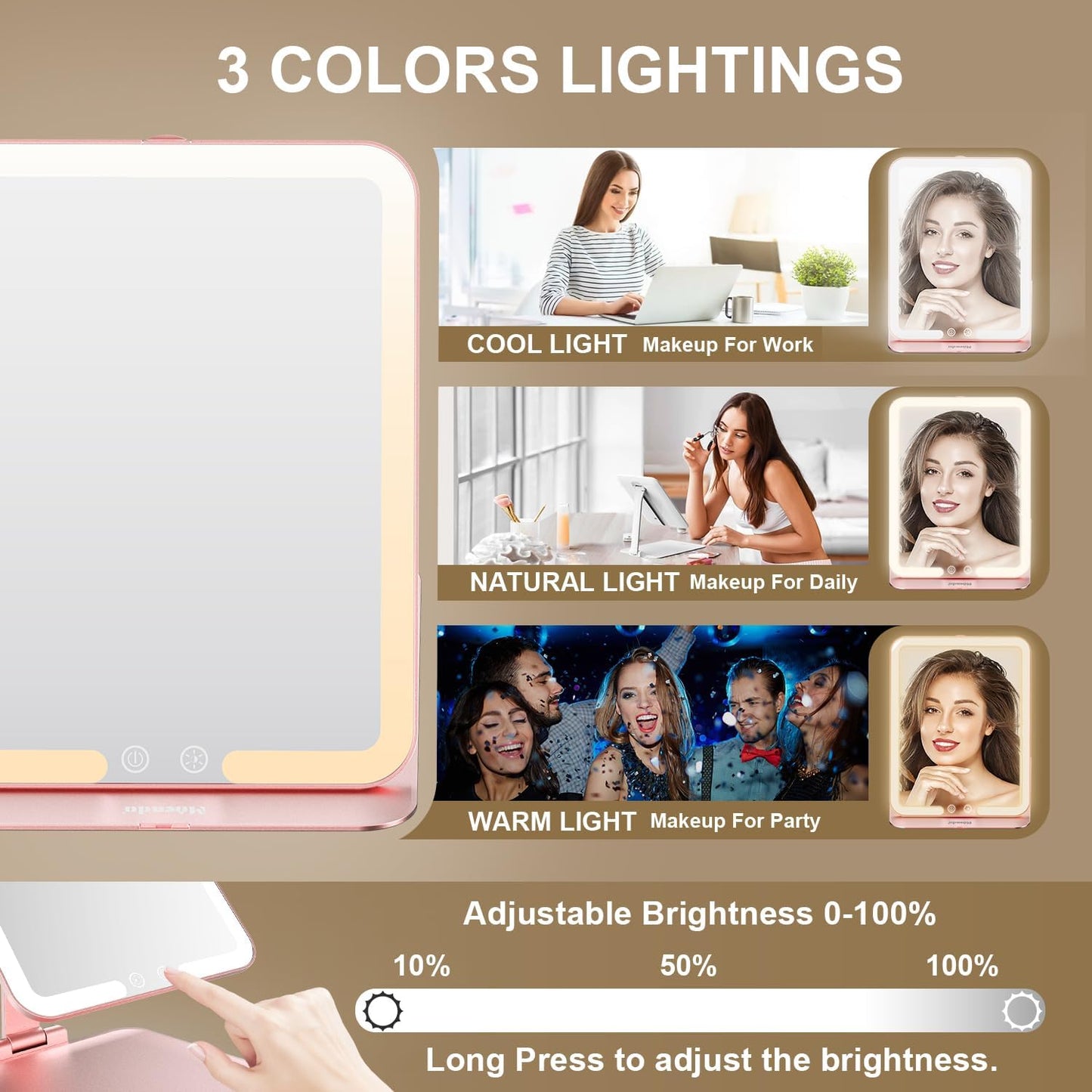 Mocado Travel Makeup Mirror with Light, Tripple Folding Vanity Mirror with Lights, 3 Colors Lighted Makeup Mirror, 1500mAh Rechargeable, Memory Function, Freely Adjust Height and Angle(Rose Gold)