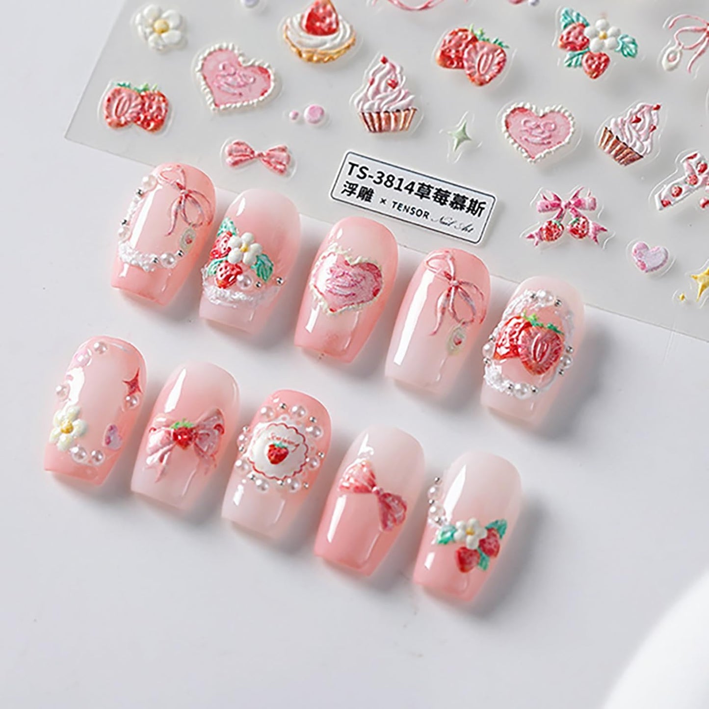 5D Embossed Bow Nail Stickers Pink Bow Nail Decals for Acrylic Nails Designs Self Adhesive Pink Star Cake Flower Nail Art Stickers Cute Bow Nail Art Supplies for Women Nail Accessores