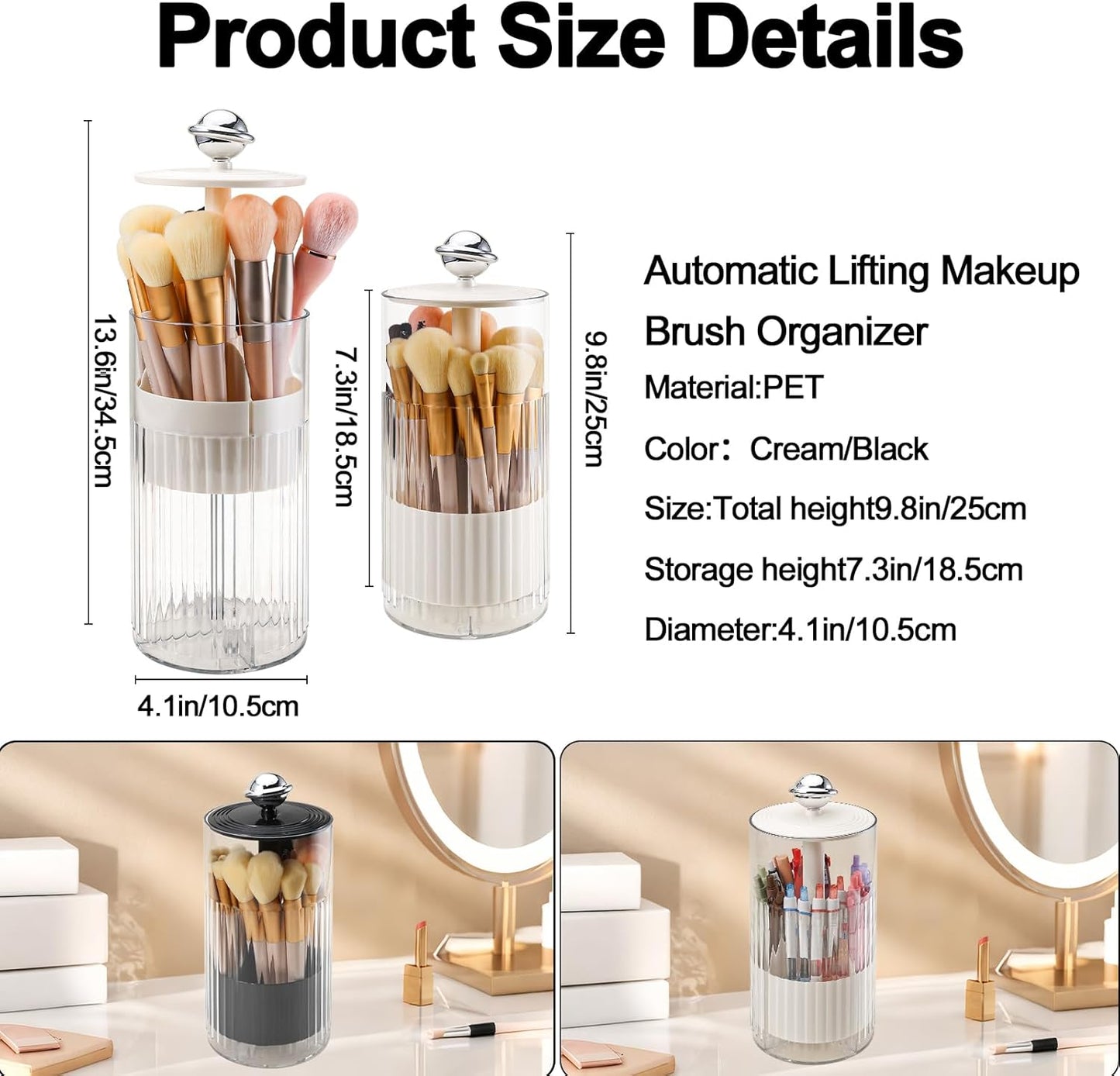 Automatic Lift Makeup Brush Holder with Lid Dustproof Clear Cosmetic Brush Organizer 4-Slot Vanity Brush Storage Container (Cream)