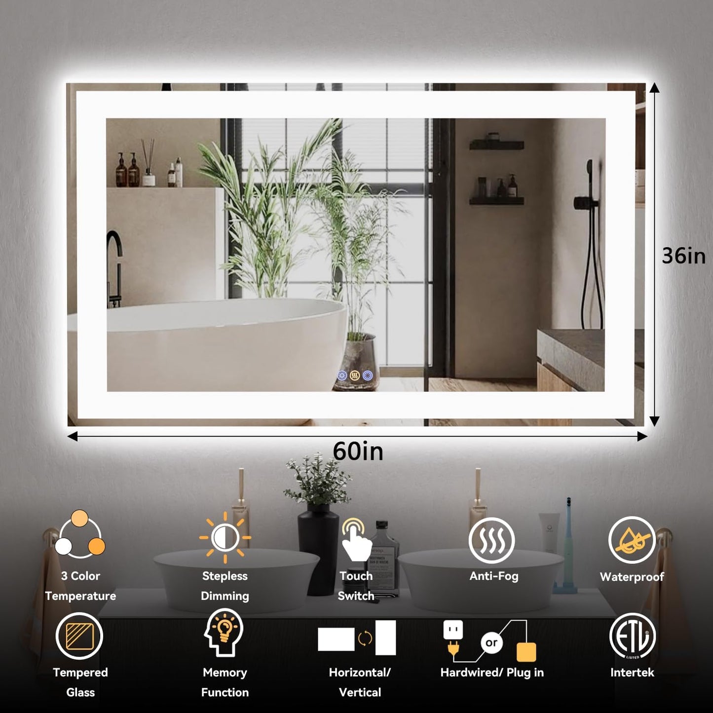 60"x 36" LED Bathroom Mirror with Lights, Front and Backlit Large LED Vanity Mirror, Controlled Separately Wall LED Smart Mirror with 3 Colors, Anti-Fog, Stepless Dimmable, Memory(UL ETL)
