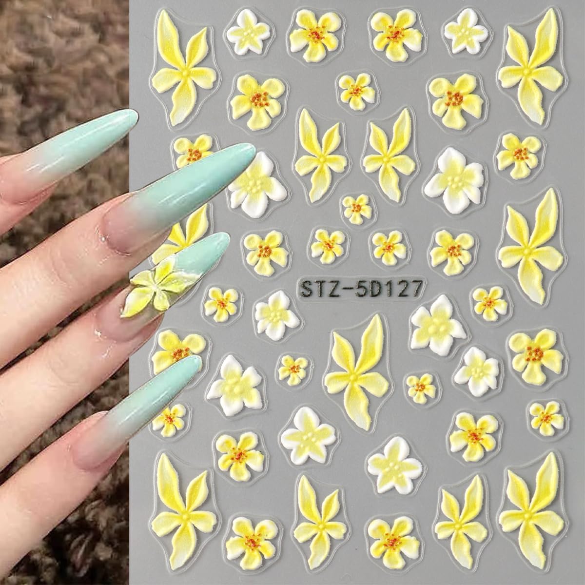 5D Embossed Flower Nail Art Stickers Decals 2 Sheets Summer Flowers Nail Stickers Ocean Starfish Nail Decals Yellow Lily Hibiscus Tropical Floral Nail Art Design Supplies for Women DIY Manicure Decor