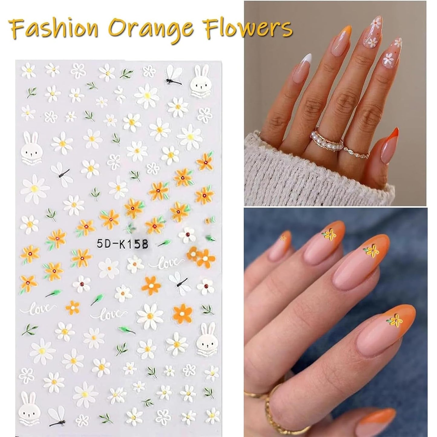 6 Sheets Flower Nail Art Stickers Decals 5D Embossed Nail Decals Spring Summer Self-Adhesive Nails Accessories 3D Flowers Decal for Women Nails Design Decoration