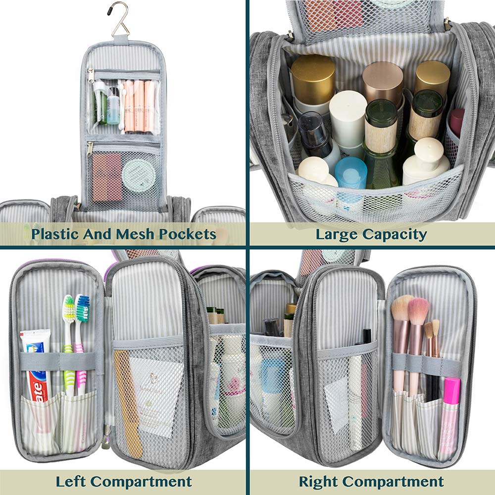 PAVILIA Toiletry Bag Travel Bag for Women Men, Hanging Cosmetic Organizer, Water Resistant Makeup Bag for Accessories Toiletries, Large Travel Essentials Kit (Grey)