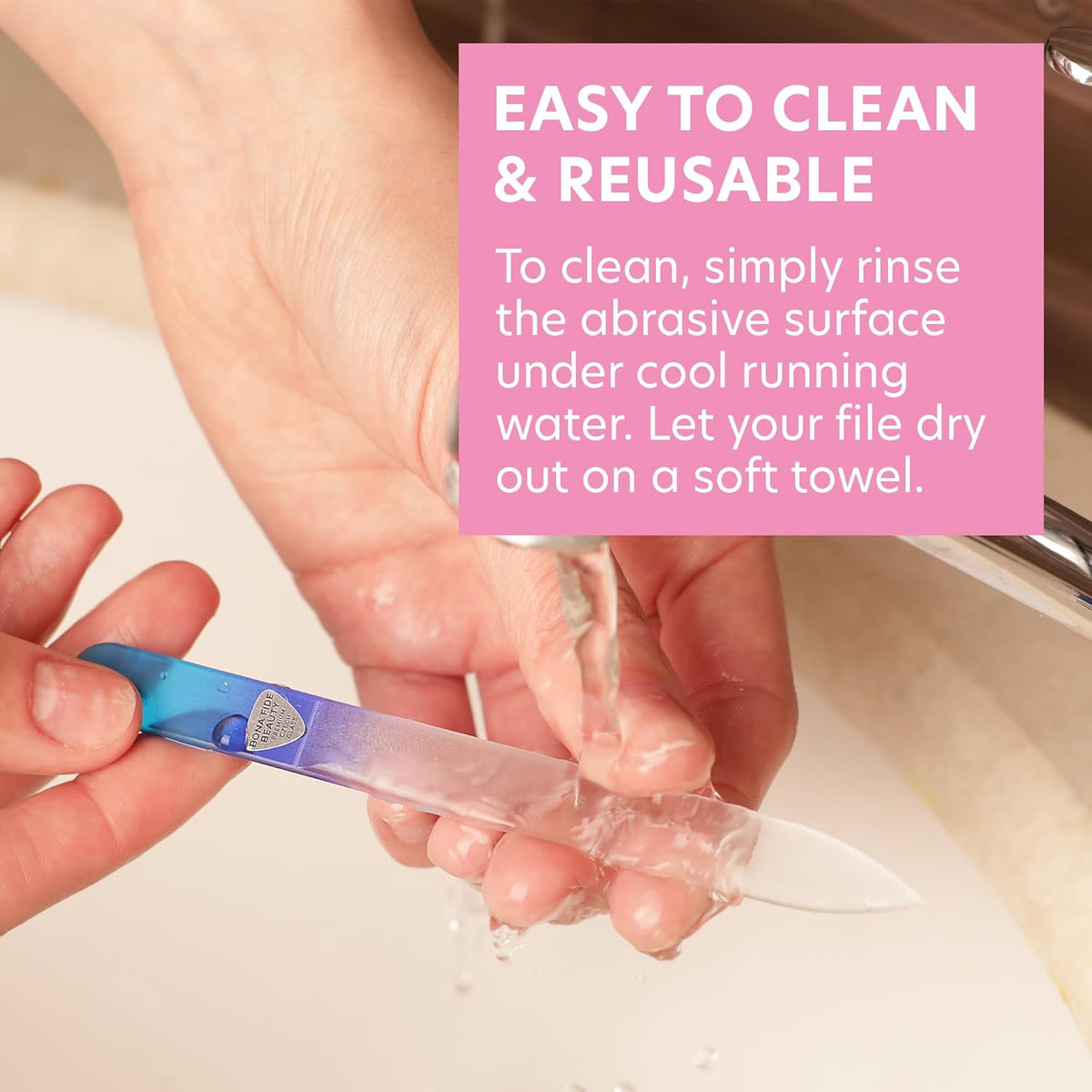 Bona Fide Beauty Glass Nail File with Case, Aqua Cobalt Czech Glass Fingernail Files Handcrafted from The EU. Ideal Nail Care Tool for Natural Nails.