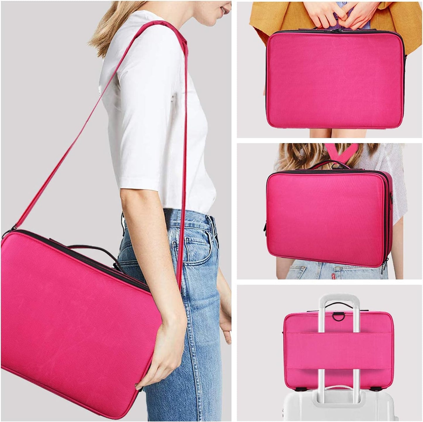 Travel Makeup Case Portable Makeup Train Case Organizer Cosmetic Bag with Adjustable Dividers and Shoulder Strap for Makeup Brushes Toiletry Travel Accessories(Rose Red, L)