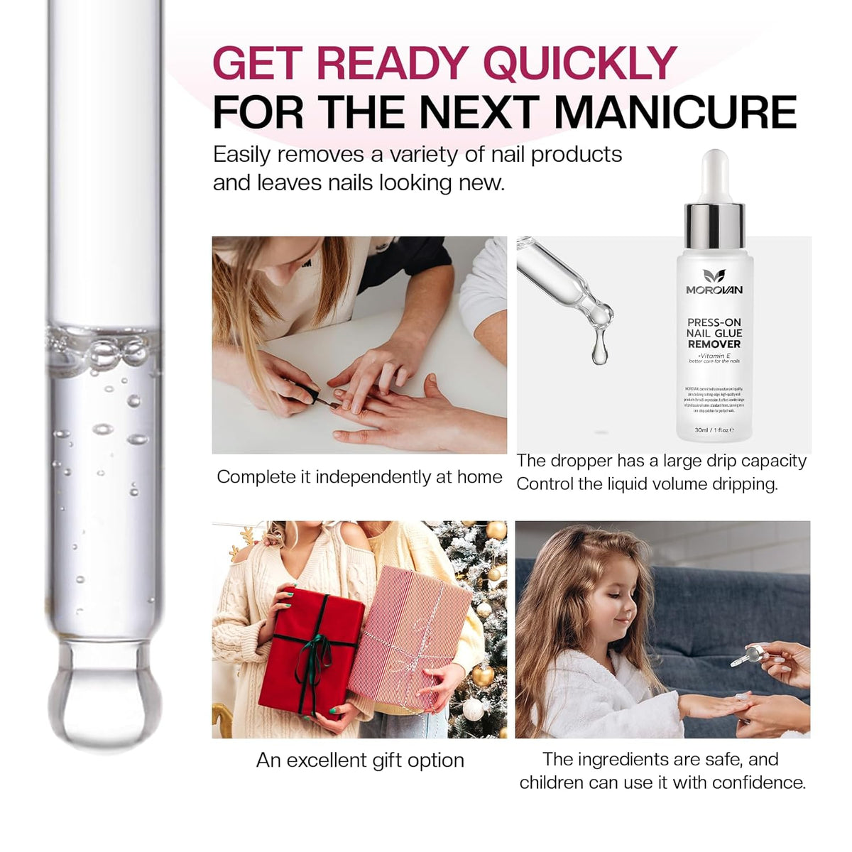 Morovan Press On Nail Glue Remover: Quick Press On Nail Remover Gentle Odorless Non-Acetone Artificial Acrylic Fake Nails Tips Removal - Enriched with Cuticle Oil and Vitamin E Beginners DIY at home