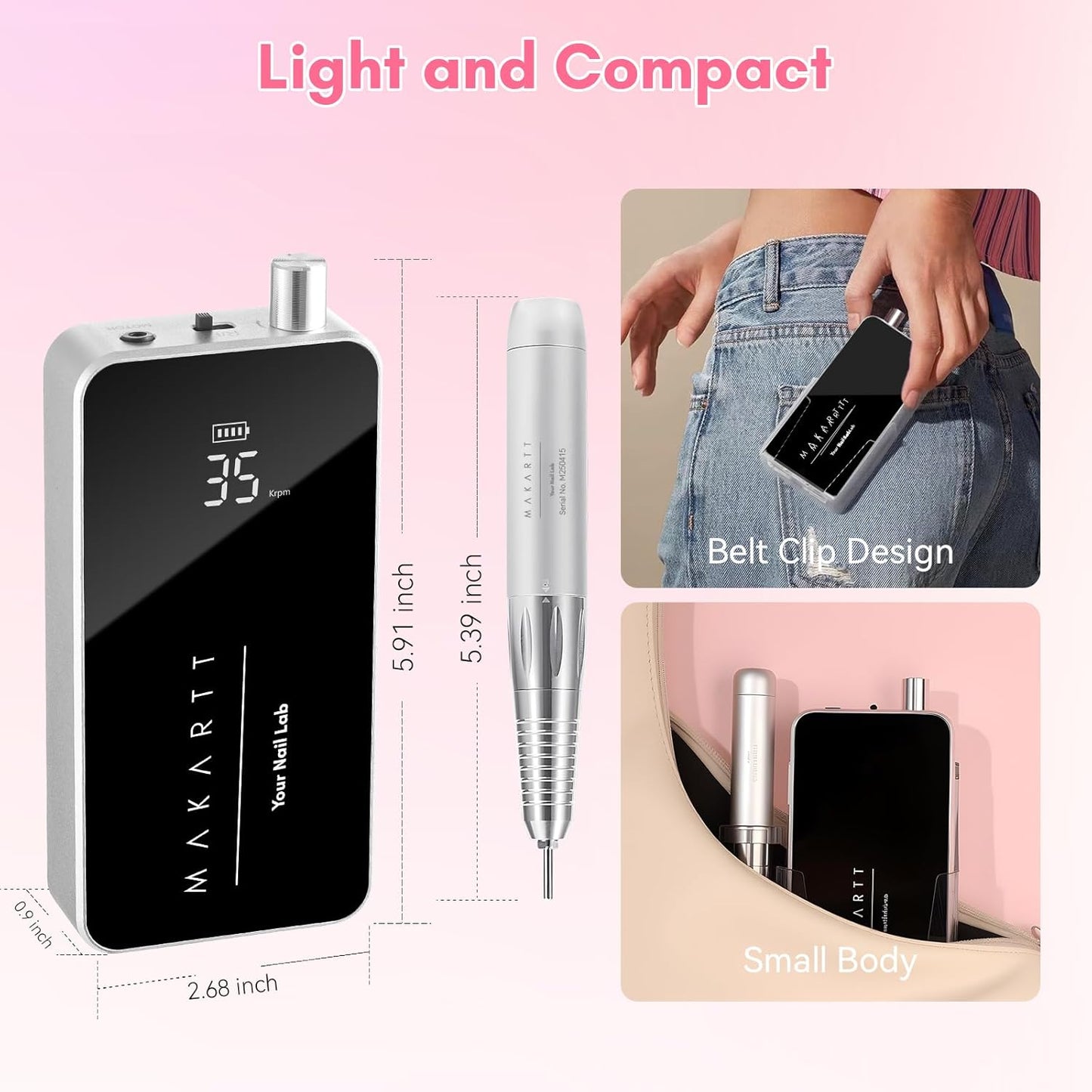 Makartt Electric Nail Drill - 35000RPM Rechargeable Efile with Coreless Motor, Nouvella Portable Nail Filer Machine for Acrylic Gel Removal with Drill Bits Set, Black