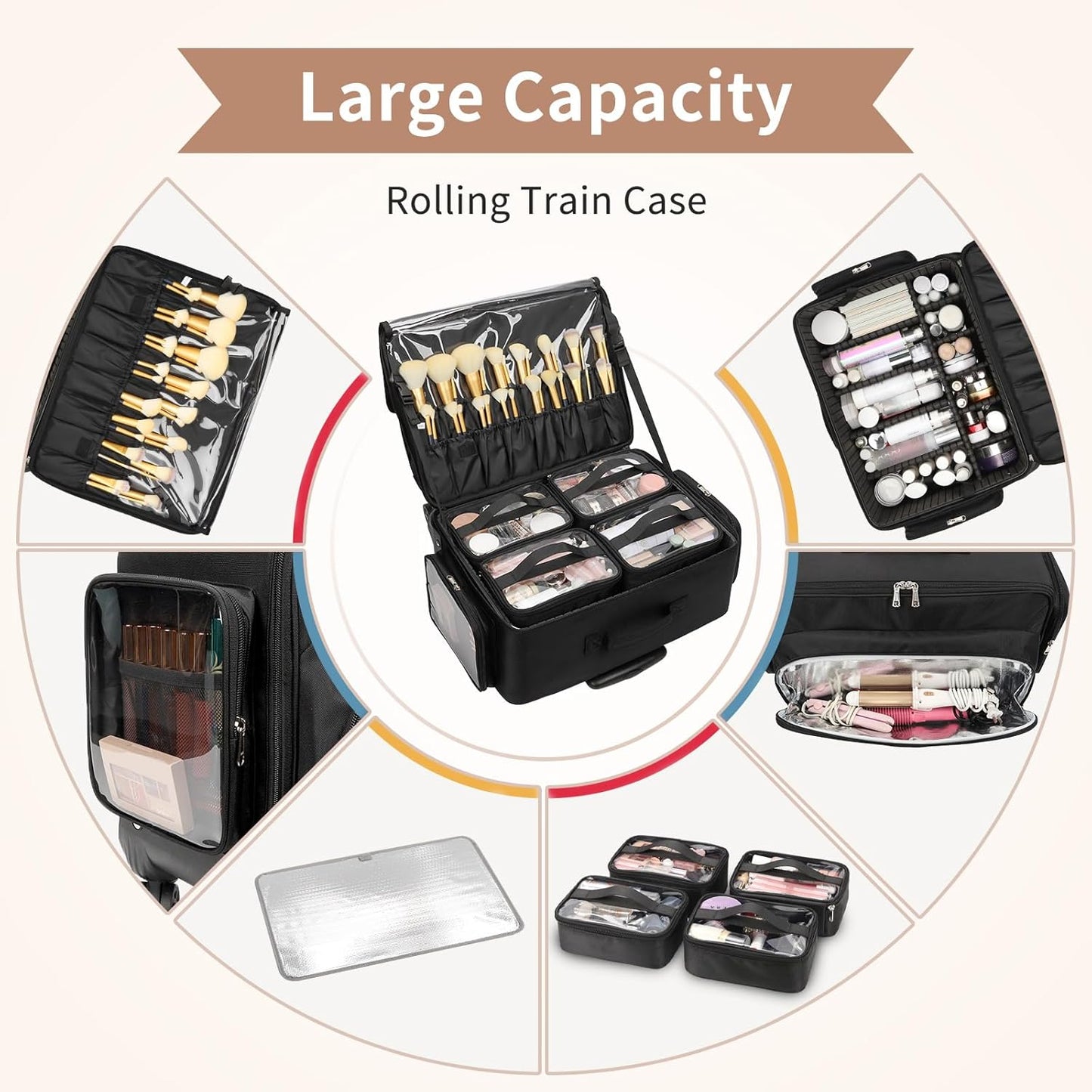 Professional Rolling Makeup Case Extra Large Travel Cosmetic Trolley with Removable Pouches & 360° Wheels
