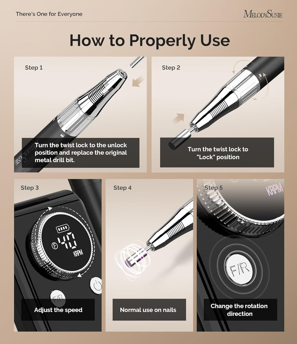 MelodySusie Professional 2 in 1 Nail Drill Kit 40,000 RPM, MB420G Brushless Portable Cordless Rechargeable Electric Nail File, Efile Nail Drill Machine for Acrylic Gel Nails Polishing Removing, Black