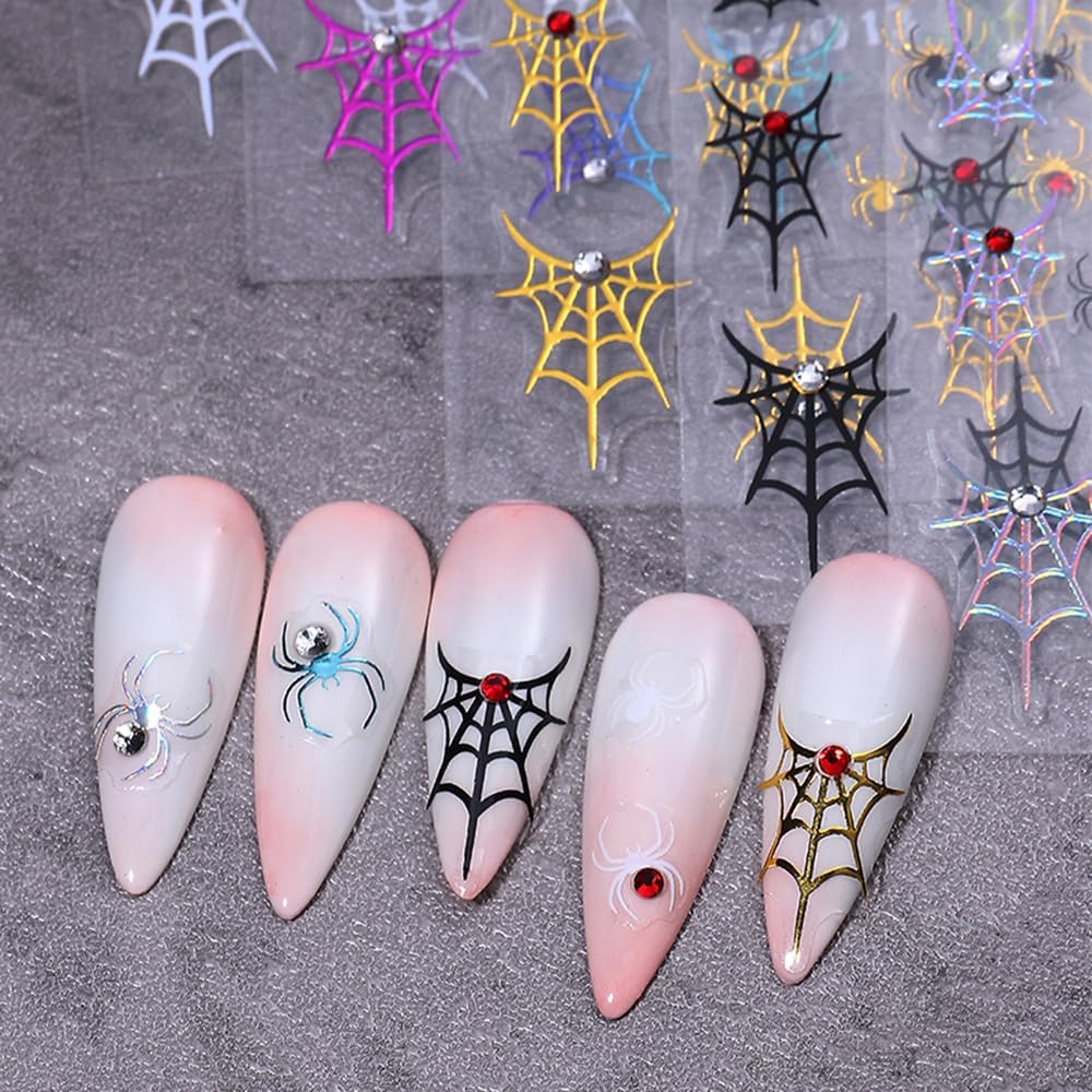 5Sheets 5D Embossed Nail Stickers, Halloween Spider Web with Rhinestone Design Self-Adhesive Nail Decals, White, Black, Rainbow, Gold, Laser Silver Nails Adhesive Sliders for Women Art Decorations