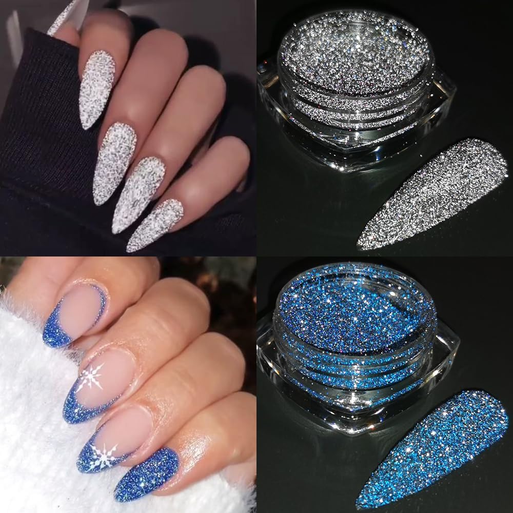 Reflective Glitter Powder Set, 8 Colors Sparkle Diamond Nail Glitter Dust, Silver Pink Purple Green Loose Glitter for Nails, Shiny Sugar Nail Powder Dipping Pigment, Nail Supplies