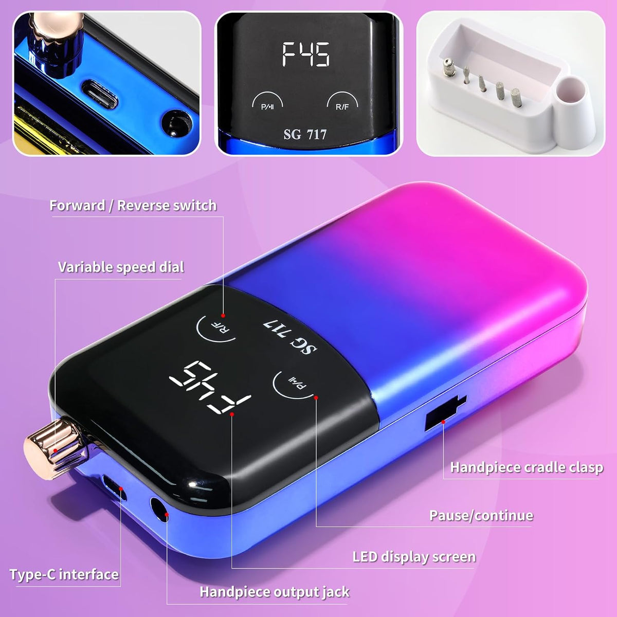 Professional Electric Nail Drill Machine,45000RPM Portable Rechargeable Efile Nail Drill Cordless,Electric Nail File Kit for Women (Gradient Blue)