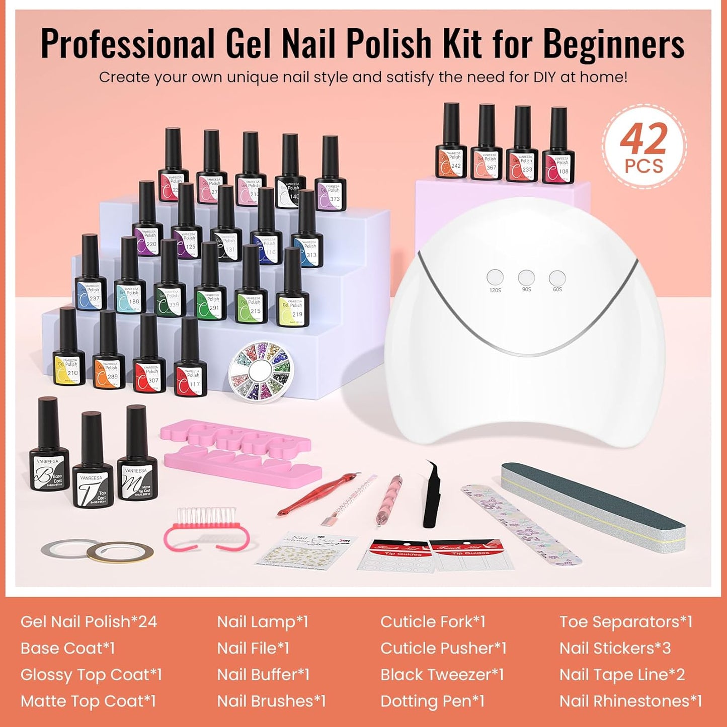 VANREESA 42 Pcs Gel Nail Polish Kit with U V Light 24 Colors Nail Polish Gel Kit Bright Red Orange Yellow Green Blue Purple Pink Complete Nail Kit with Manicure Tools Gifts for Women