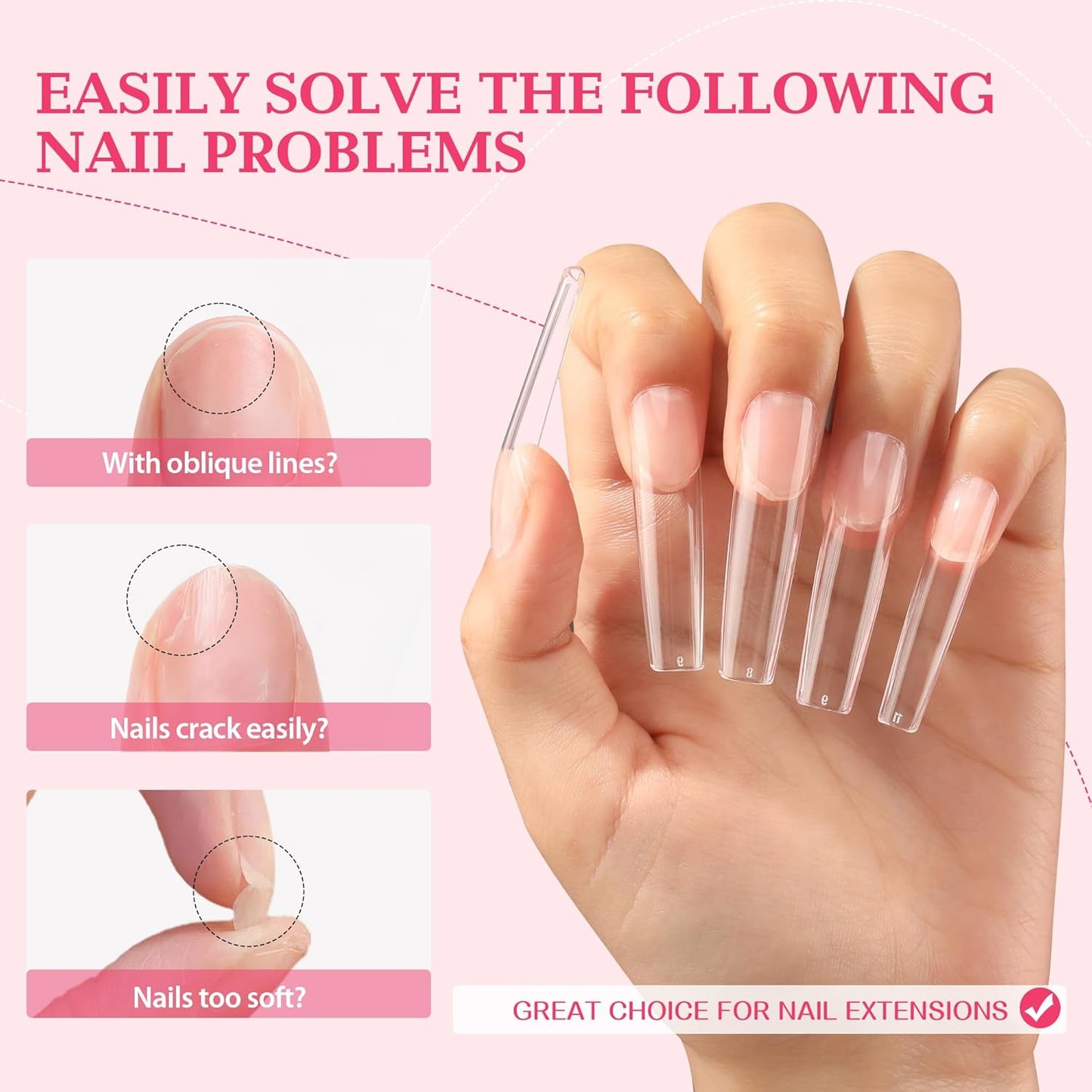 UNA GELLA XXL Long Square Nails Tips 216 PCS No C Curve Straight Nail Tips Full Cover Square Gel Tips Extra Long Nail Tips Clear False Fake Nails Gel Nail Extension for Nail Salon Home DIY 12 Sizes