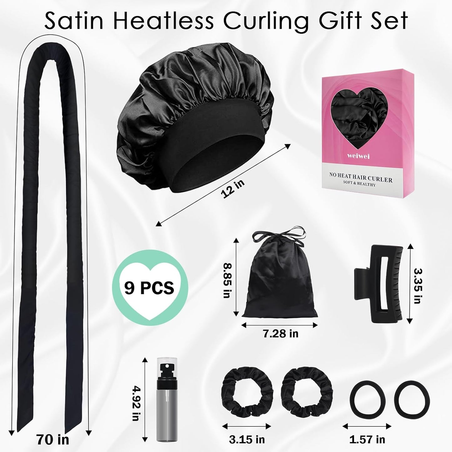 weiwei Satin Heatless Curlers Hair Curler, No Heat Curls Overnight Hair Curlers to Sleep In Overnight Curls Headband, 70" Hair Curlers No Heat, 9 Pcs Satin Heatless Curling Set for Women Long Hair