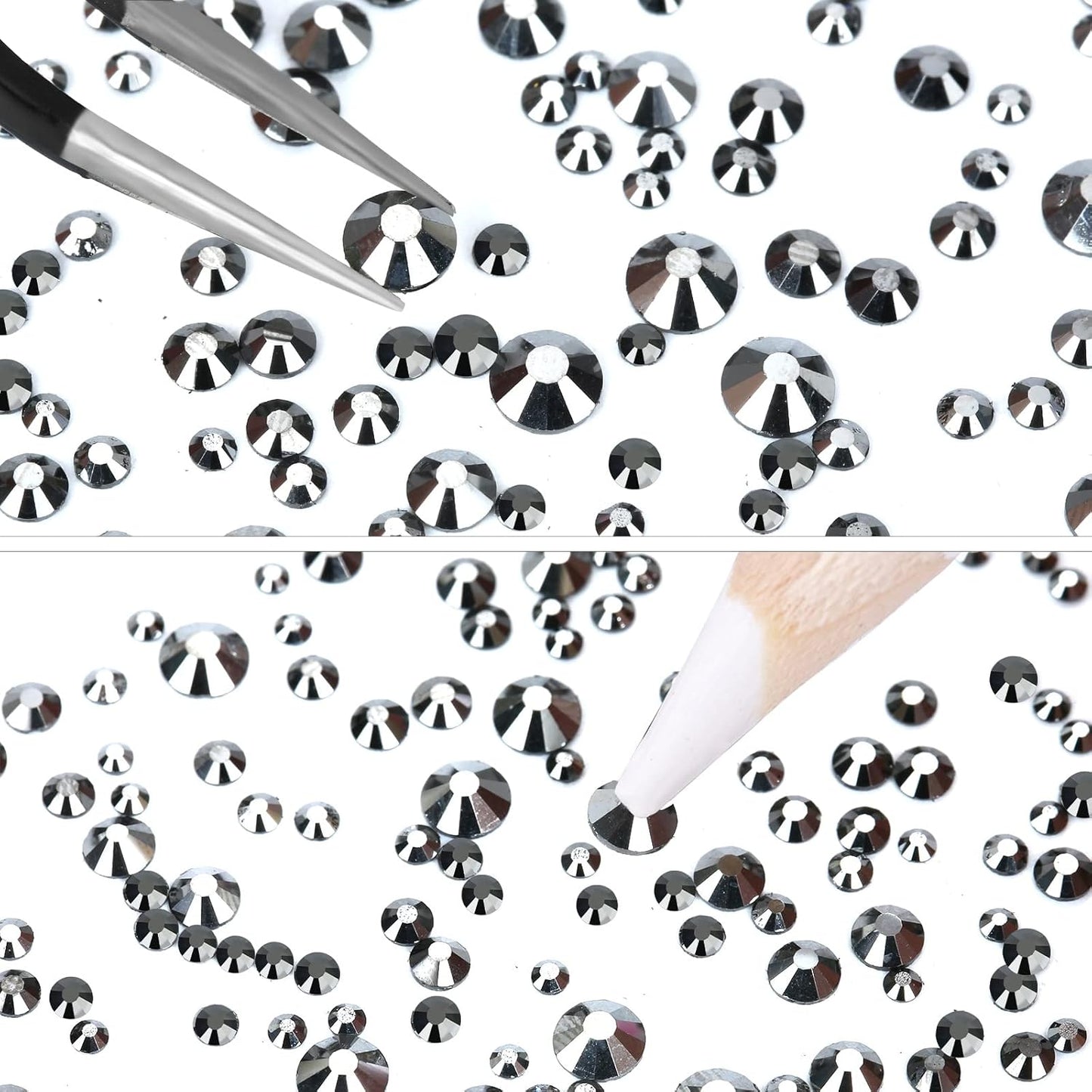 4240Pcs Jet Hematite Flatback Rhinestones 6 Sizes Crystal Diamonds for Nail Art Crafts Clothes Shoes with Tweezers and Picking Pen