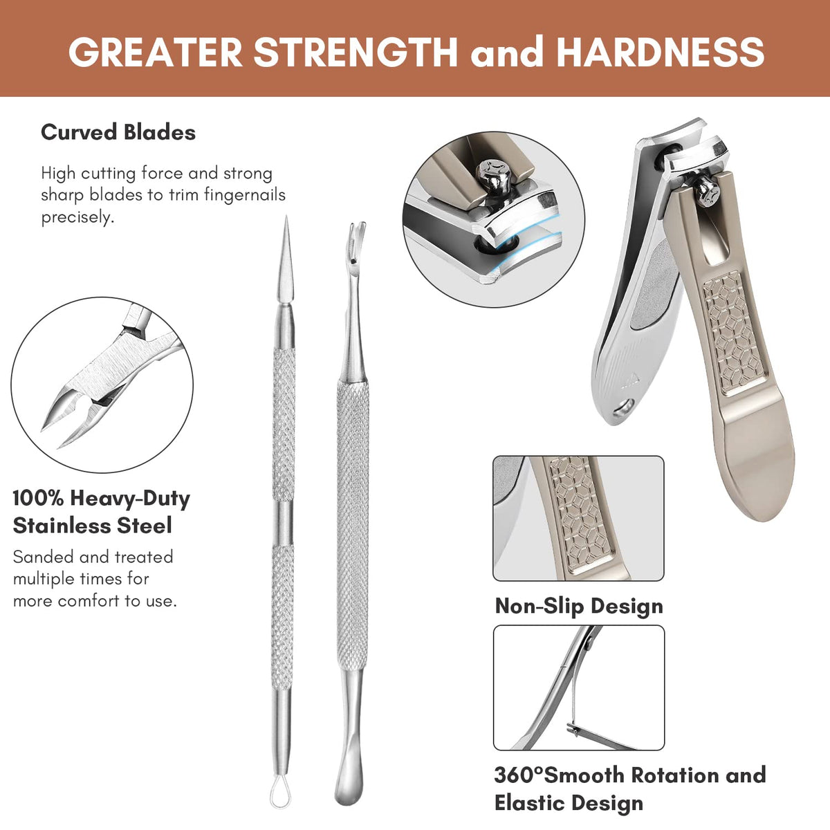 FAMILIFE Manicure Set, Nail Clippers Pedicure Tool, 8 pcs Stainless Steel Manicure Kit Professional Grooming Tool, Nail Kit with Portable Brown Leather Travel Case Luxury Gifts for Men