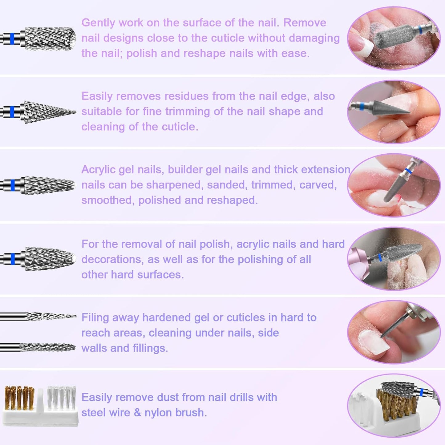 6 Pack Nail Drill Bits for Acrylic Nails, 3/32" Shank Drill Bits for Nails Professional Electric Cuticle Drill Bit, Cuticle Cleaner Nail Gel Polish Remover Tool for Home Salon Nail Bits-Blue