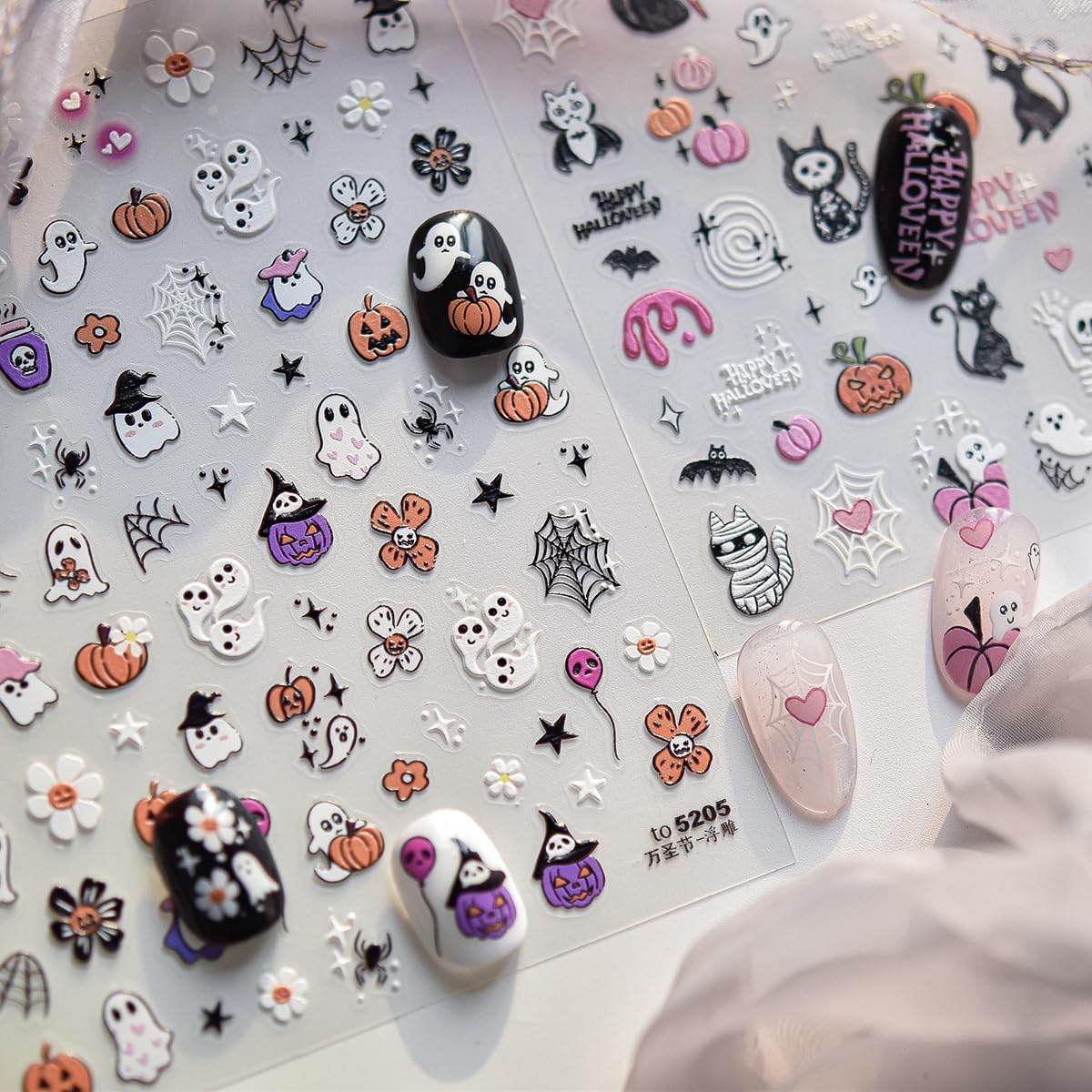 5D Embossed Halloween Nail Stickers Cute Ghost Self-Adhesive Nail Art Pegatinas Uñas with Horror Flowers Pumpkin Designs Nails Decals Halloween DIY Manicure for Women Girls Nails Art Decoration 1Sheet