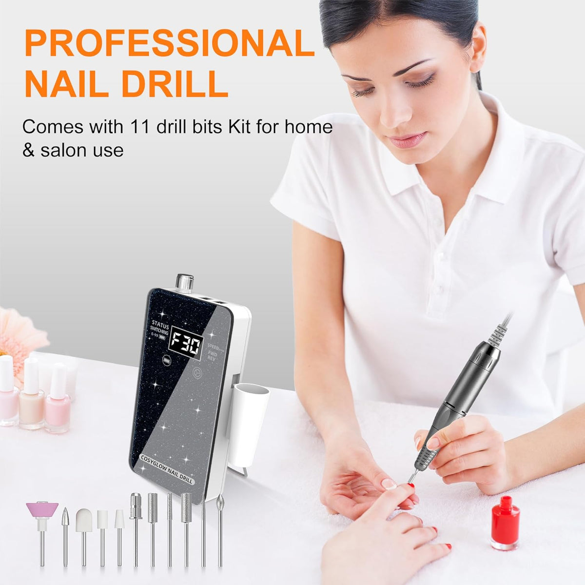 Professional Electric Nail Drill File:COSYGLOW Glitter Portable Cordless E-File Nail Drill Kit with 11 Drill Bits,30000 RPM Rechargeable Nail Drills Machine for Acrylic Nails Gel Polishing(Black)