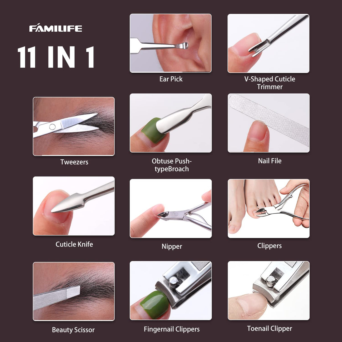 FAMILIFE Manicure Set, Nail Clippers Set Professional Manicure Kit 11 in 1 Stainless Steel Pedicure Tools Nail Kit Mens Grooming Tool with Portable Leather Travel Case Dark Violet Birthday Gifts