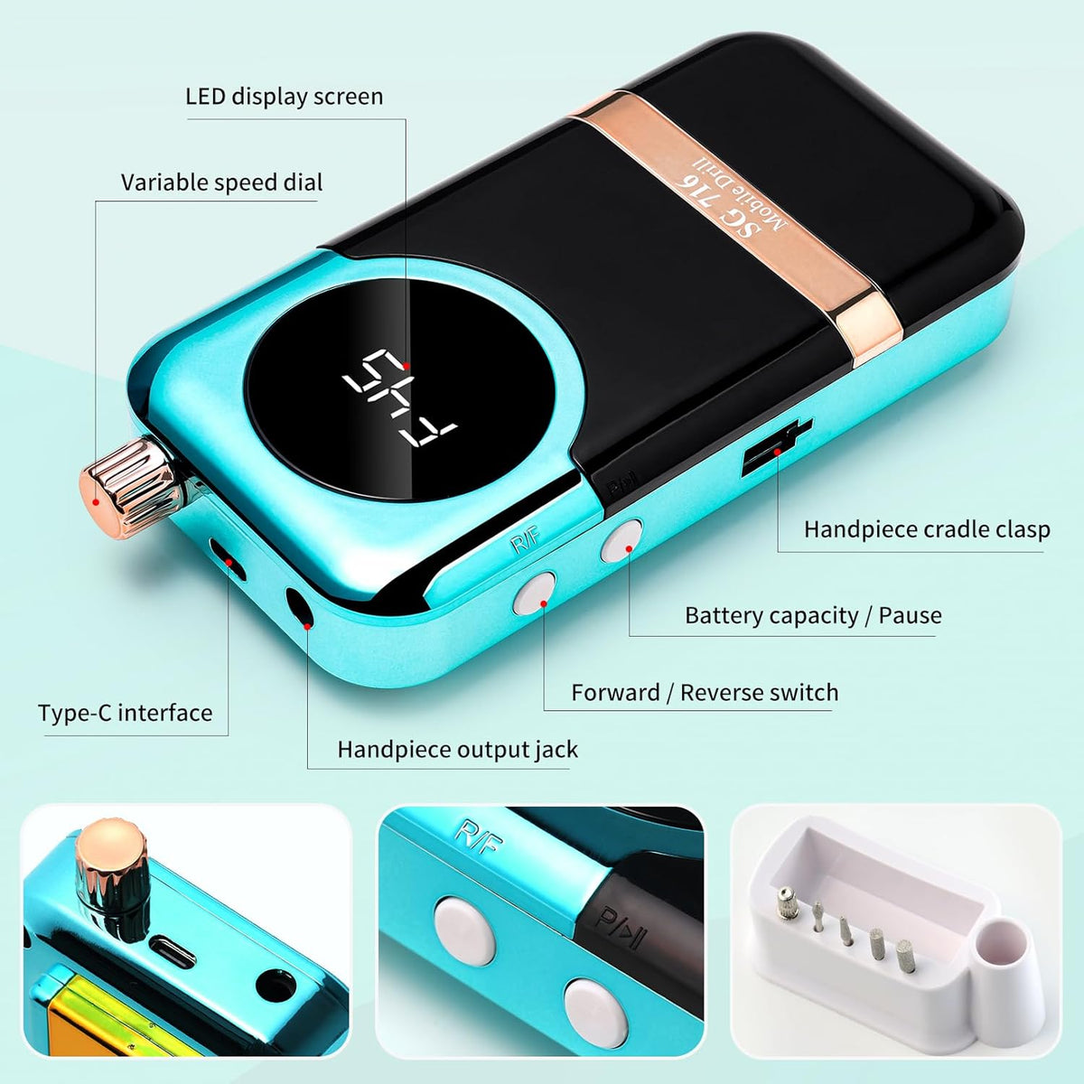 Electric Nail Drill Professional Kit - 45000RPM Electric Nail File Efile Portable Nail Drill Cordless with Bits & Base,E File Machine Nail Grinder for Women (Green)