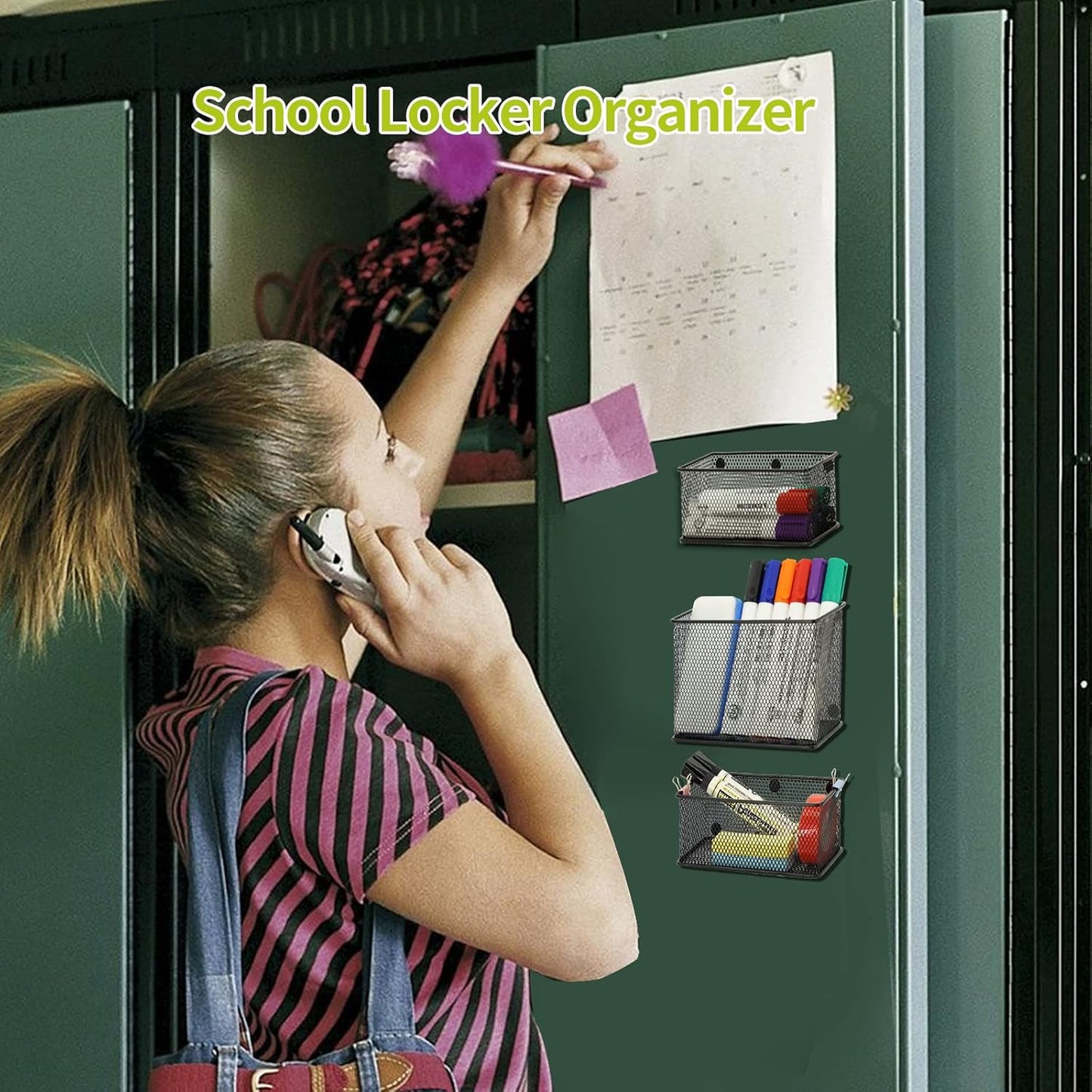 Neudeco Locker Shelf Organizer, Magnetic Pencil Holder, Metal Storage Basket for Whiteboard, Refrigerator, Ideal Cabinet for School, Black (Pack 3M)