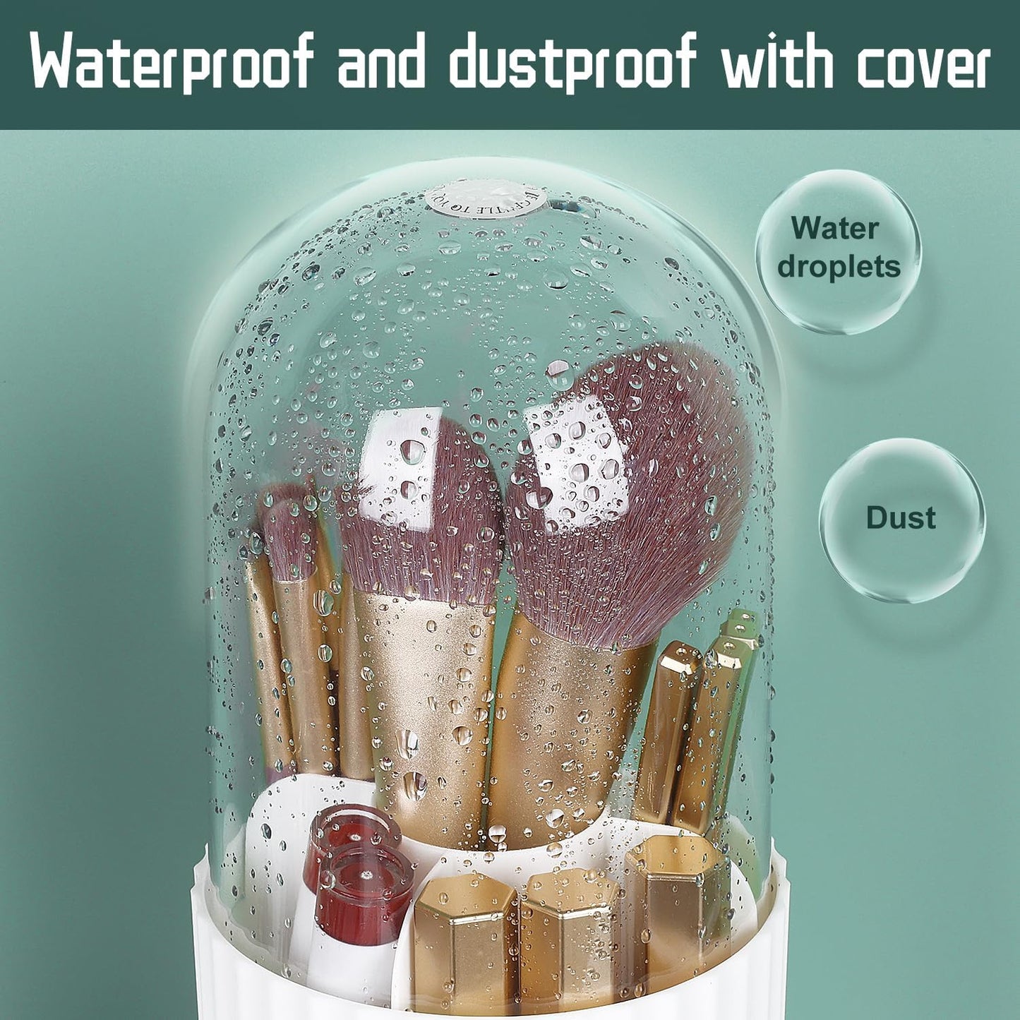 360° Rotating Makeup Brush Holder with Lid — Dustproof Vanity Brush Organizer for Bathroom Counter Storage
