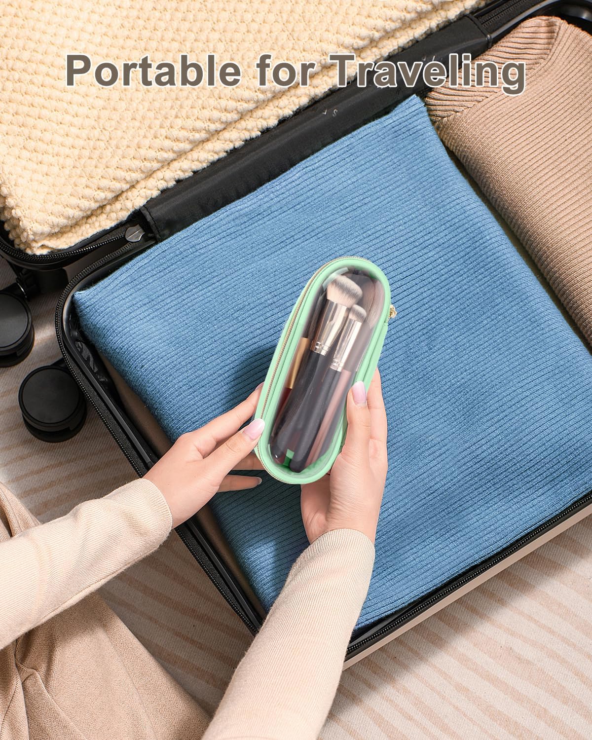 Clear Travel Makeup Brush Holder, Leather Makeup Brush Toiletry Bag, Portable Cosmetic Brush Case, Transparent Waterproof Makeup Brush Storage Bag, Mint Green
