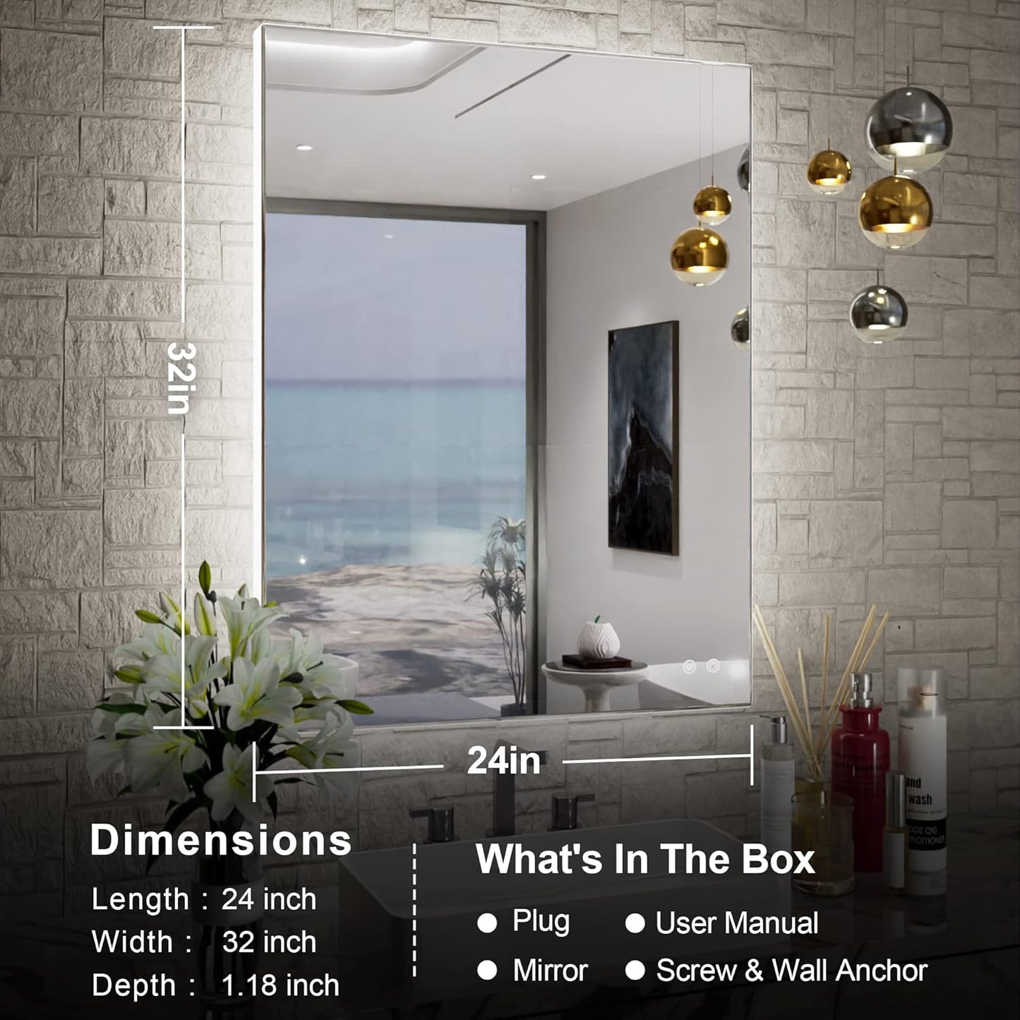 TETOTE 24 x 32 Inch LED Backlit Bathroom Vanity Mirror,Anti-Fog,Dimmable,CRI90+,Touch Button,Water Proof,Horizontal/Vertical Wall Mounted with Light
